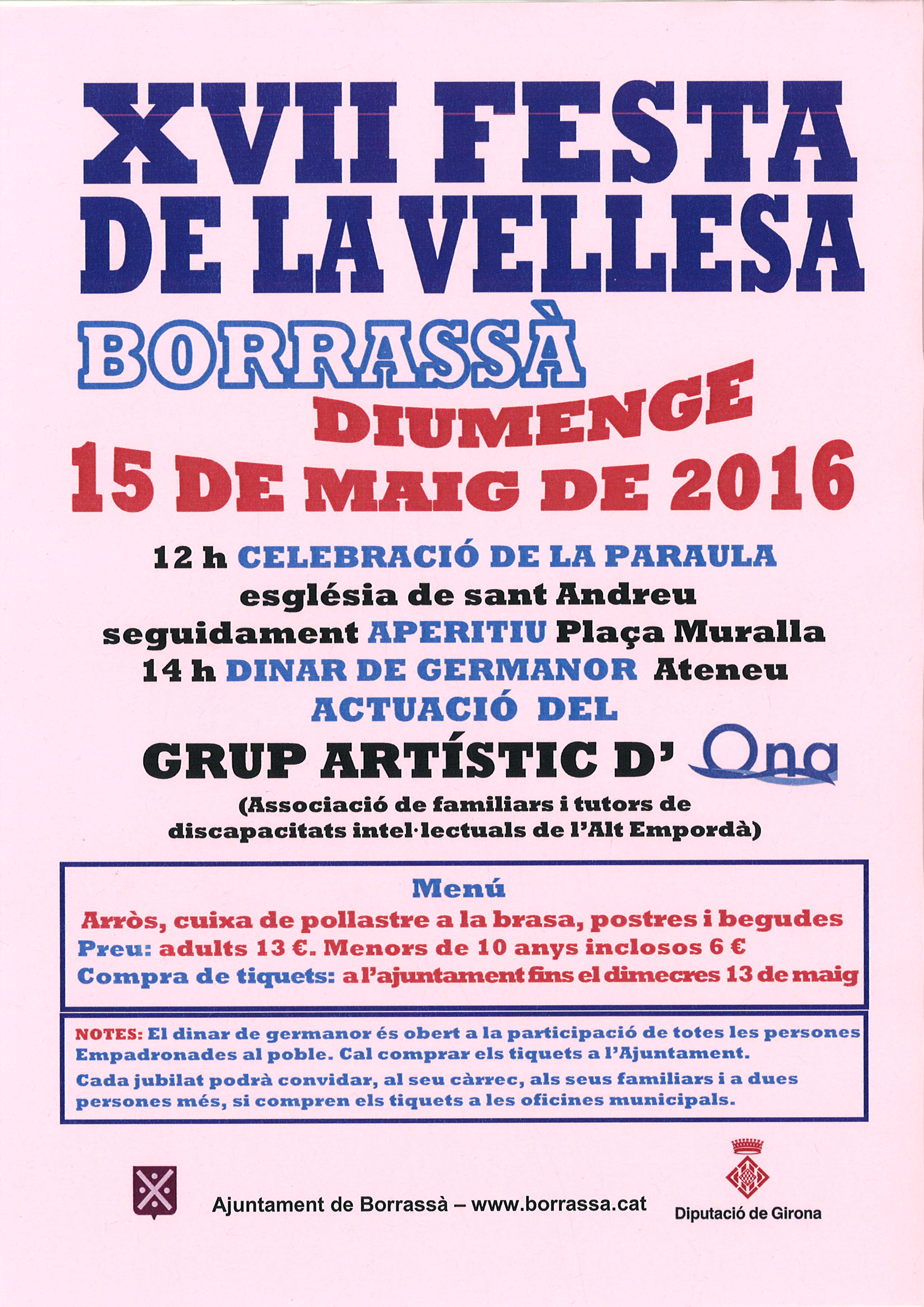 Borrassà prepara l'homenatge a la gent gran: la XVII Festa de la Vellesa es farà el diumenge 15 de maig. Inscripcions fins el dimecres 13 de maig.